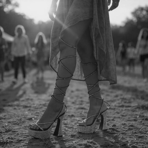 Blue Rhinestone Rave Heels – Poster Grl Knee-High Lace-Up Platforms 6" Heel 8 - Picture 2 of 5